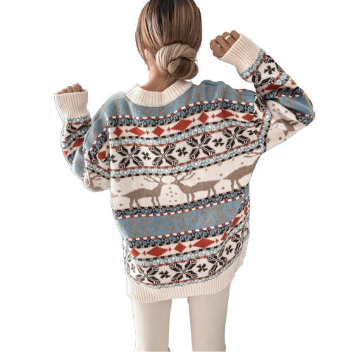 Dames gebreide trui met ronde hals en jacquard kerstmotief