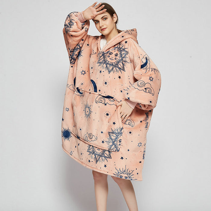 Warmteparadijs Draagbare deken hoodie met vrolijke print, dubbellaags flanel