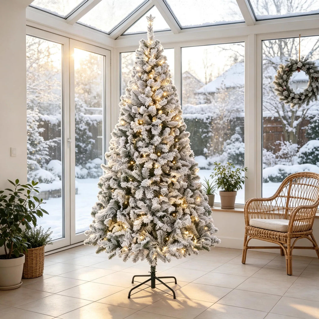 Besneeuwde Fraser fir met lichtjes
