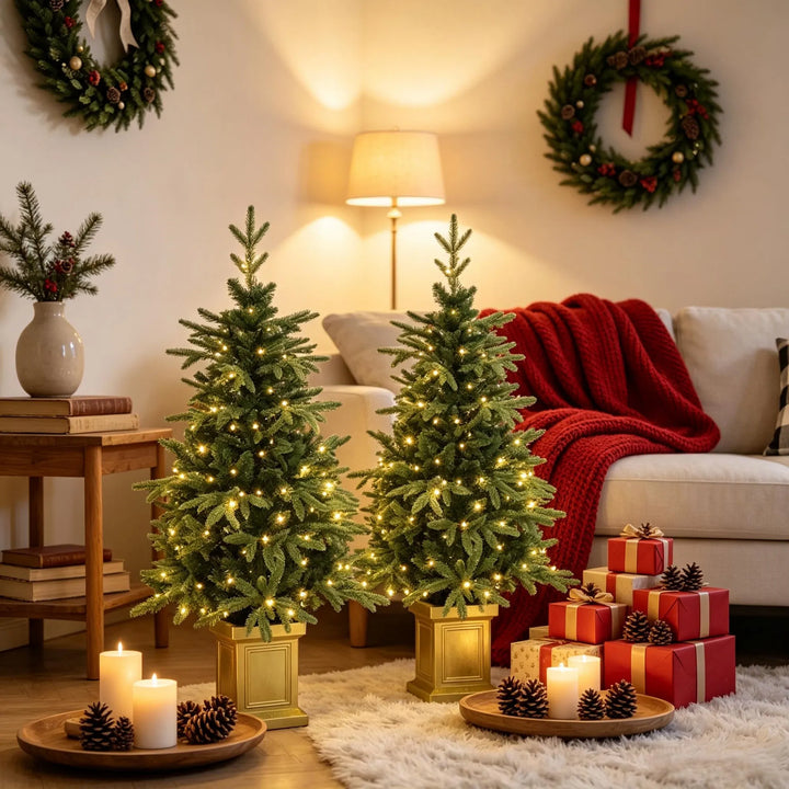 Twee kerstboompjes in gouden potten met lichtjes