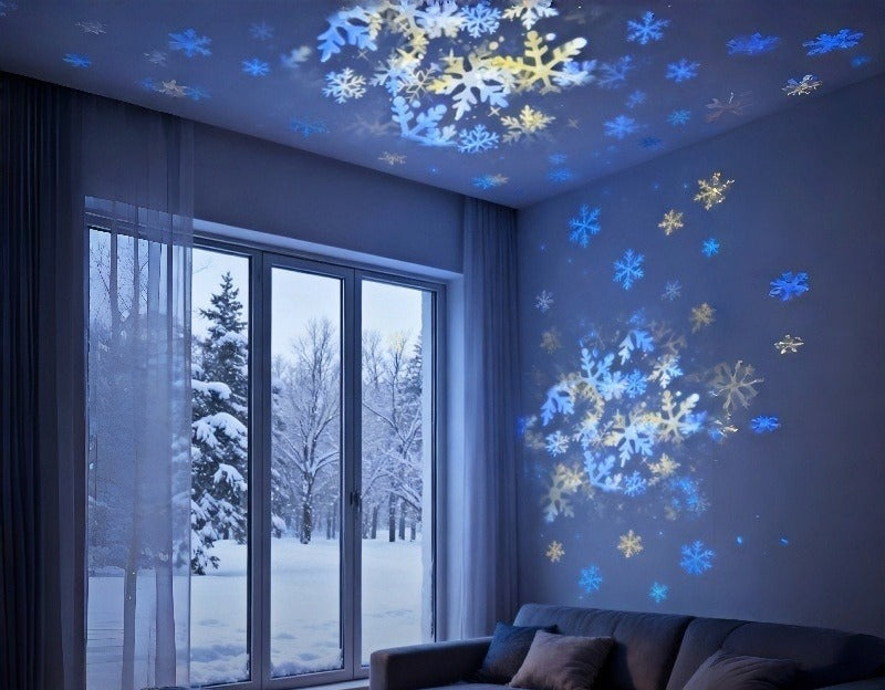 Projectorlamp die sneeuwvlokken op plafond projecteert