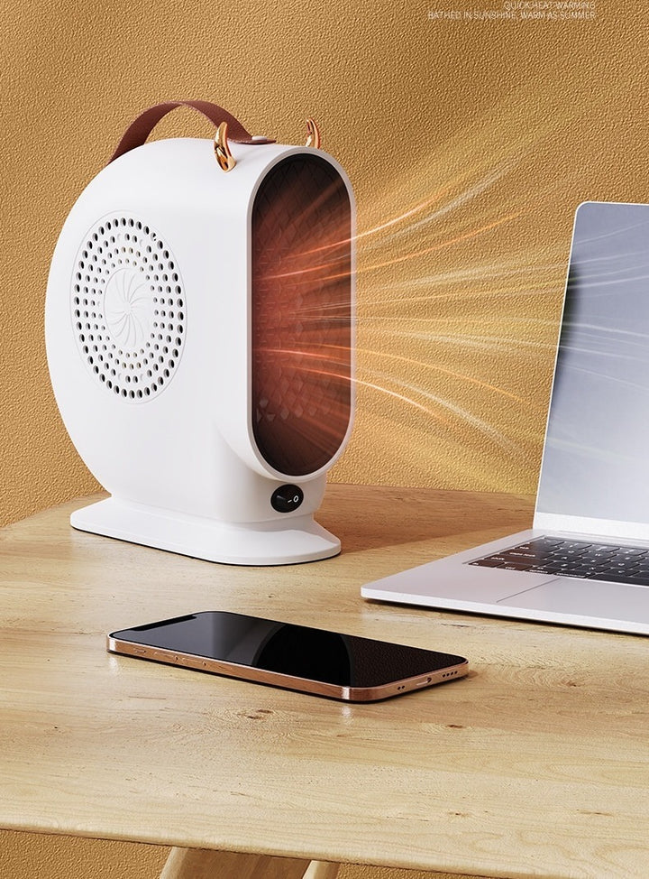 Kleine ventilatorkachel met handvat in leerlook