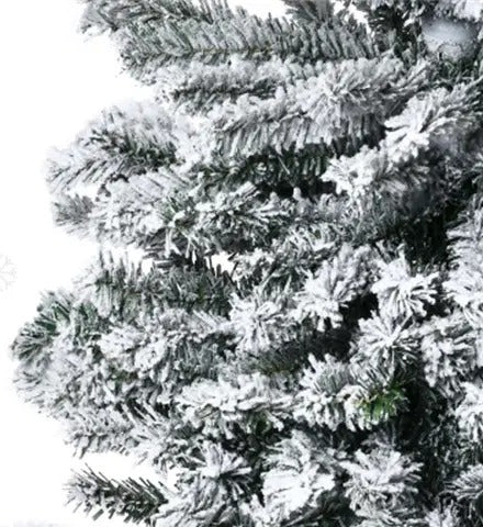 Hoge smalle besneeuwde kerstboom