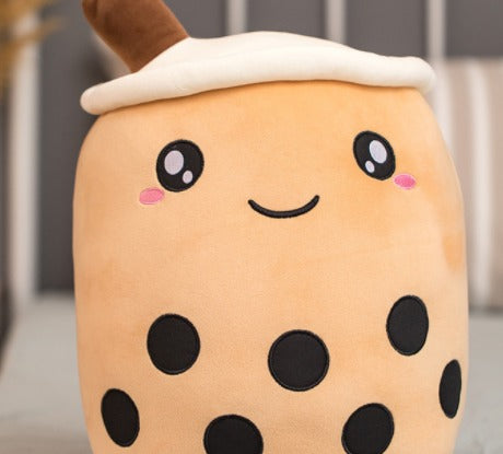 Bruine bubble tea knuffel met geborduurd gezicht