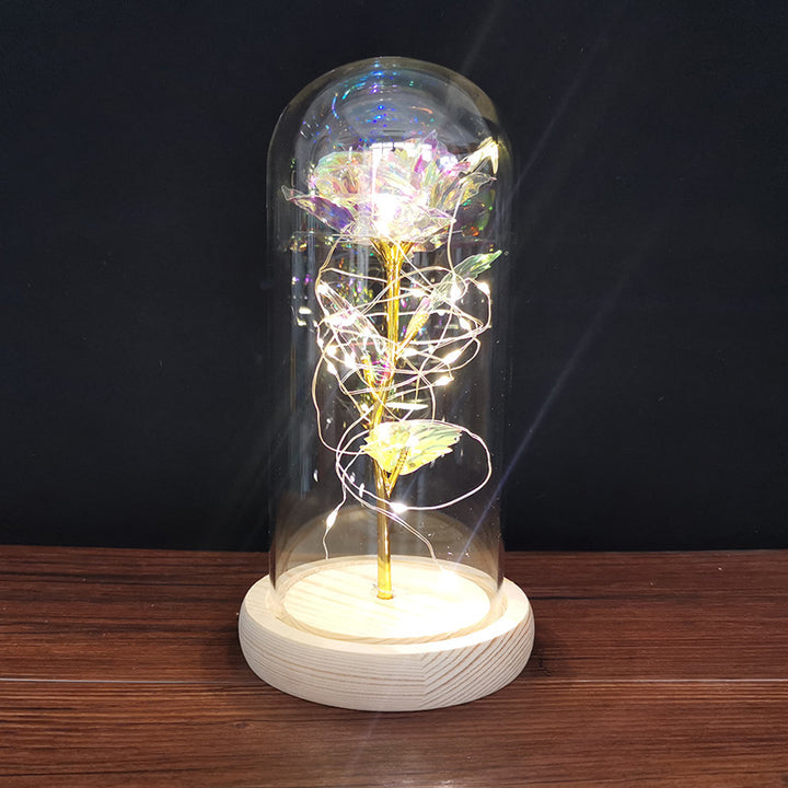 Roos onder glazen stolp met ledlicht, romantisch cadeau