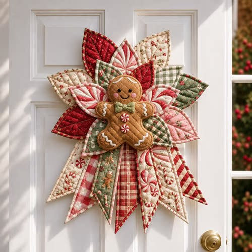 Grote patchwork kerstster met sneeuwpop aan deur