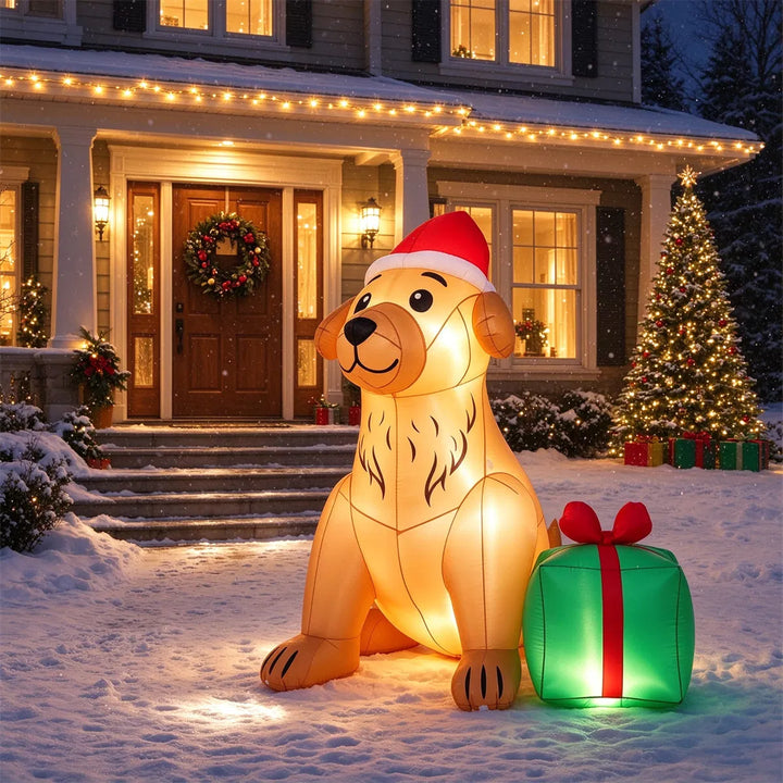 Opblaasbare hond met kerstmuts en cadeau