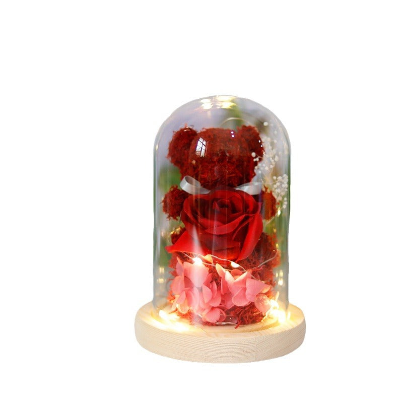 Beertje met eeuwige roos onder stolp met warm ledlicht