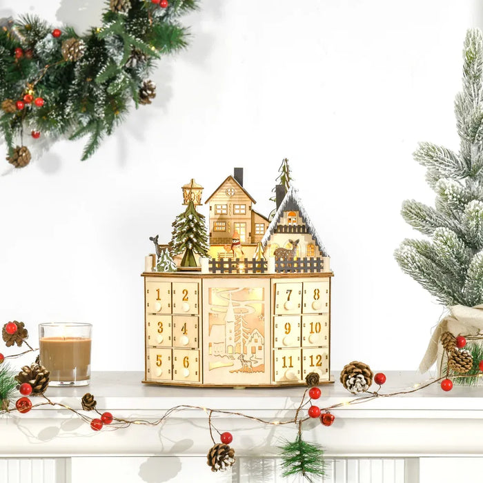 Warmteparadijs Houten verlichte adventskalender kerstdorp met 24 laatjes
