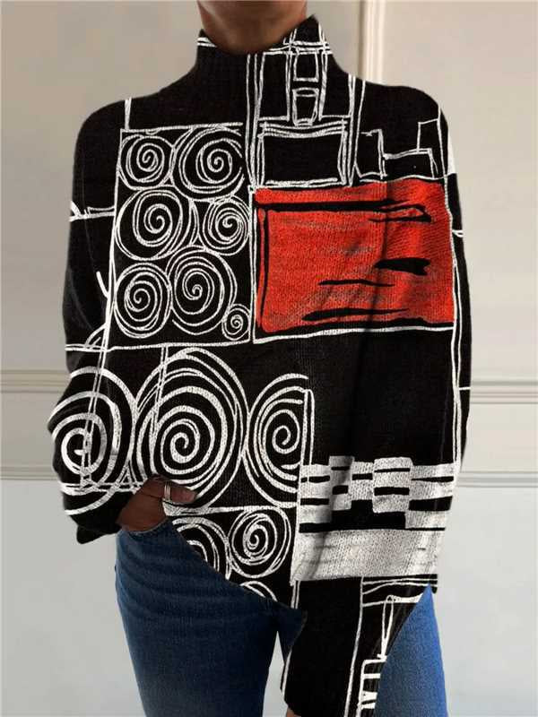 Vrouw in losse coltrui met print