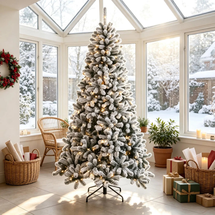 Besneeuwde Northern pine kerstboom met lichtjes