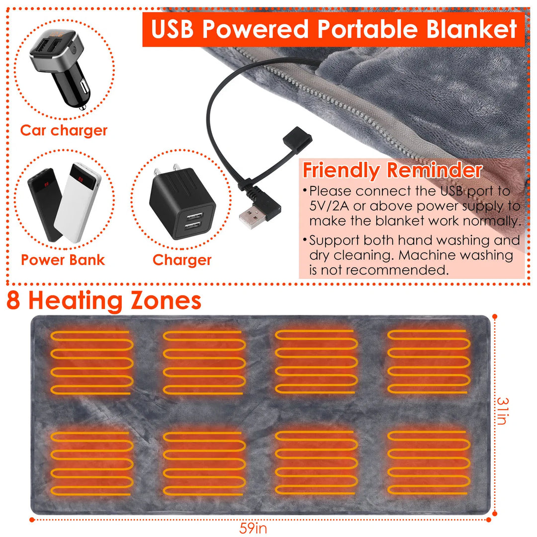 USB verwarmde deken met rits en drie warmtestanden, grijs