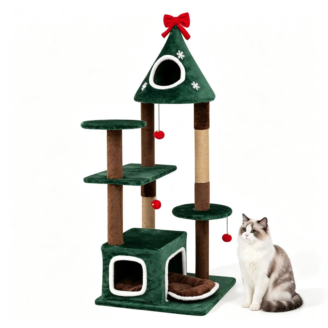 Groene kattenboom in kerststijl met belletjes
