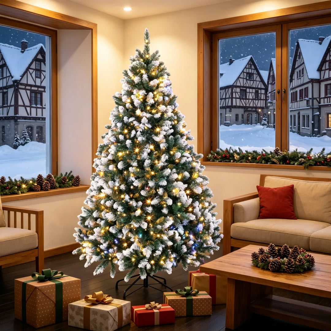 Volle kerstboom met witte puntjes en lichtjes