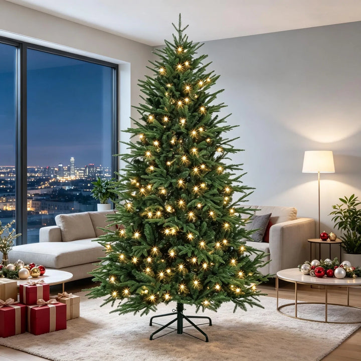 Volle groene kerstboom met warmwitte lampjes