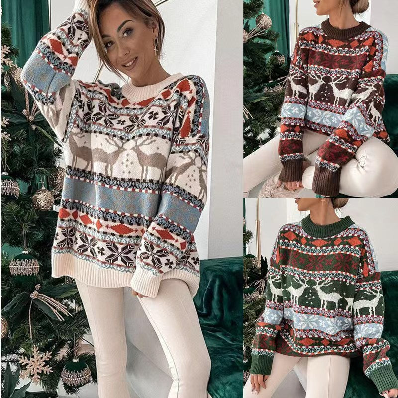 Dames gebreide trui met ronde hals en jacquard kerstmotief