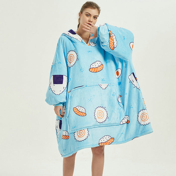 Warmteparadijs Draagbare deken hoodie met vrolijke print, dubbellaags flanel