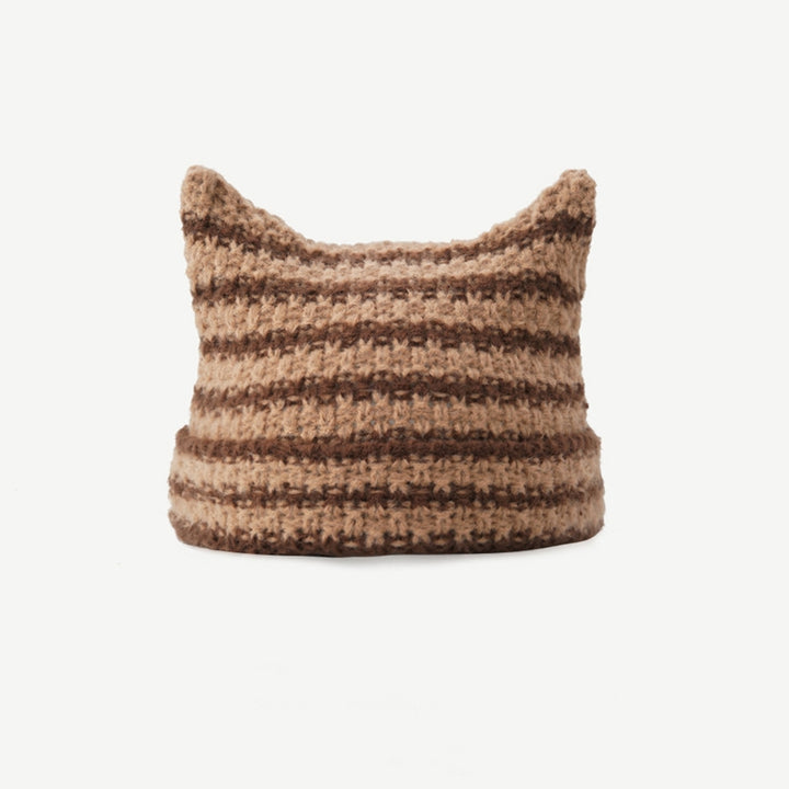 Gestreepte muts met kattenoortjes en pompons