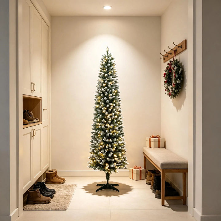 Smalle kerstboom met witte puntjes en lichtjes