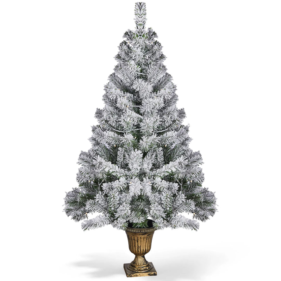 Kleine besneeuwde kerstboom in pot