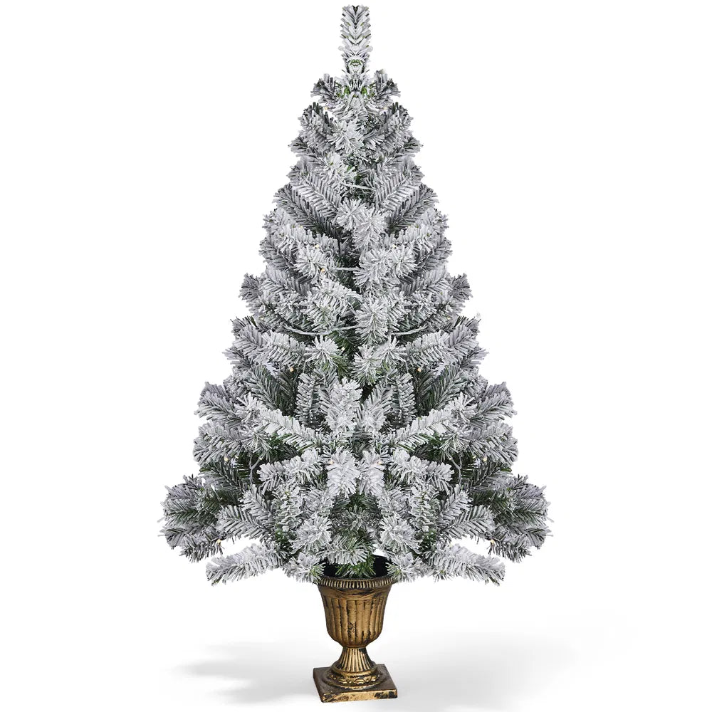 Kleine besneeuwde kerstboom in pot