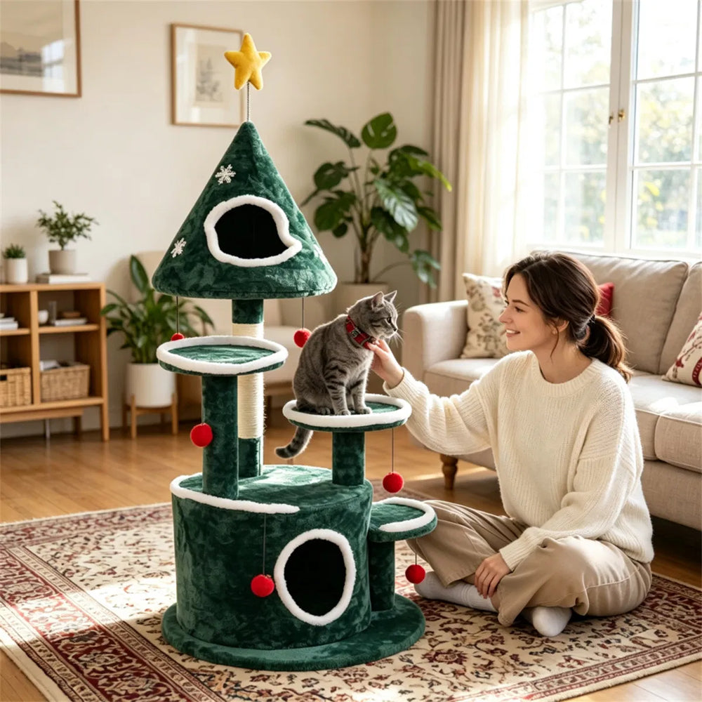 Kattenboom met kerstversiering en speeltjes