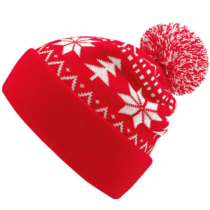 Warmteparadijs Gebreide kerstmuts met pompon en sneeuwvlokken