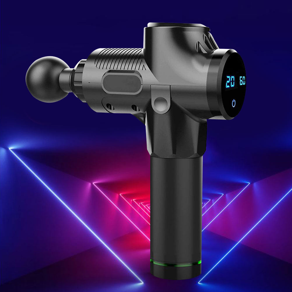 Zwarte massage gun met opzetstukken en koffer