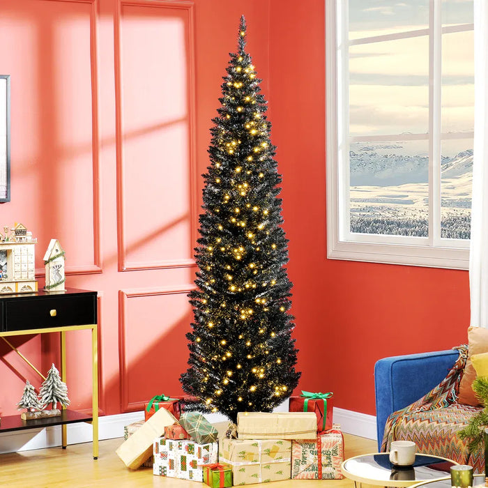 Warmteparadijs Zwarte smalle kerstboom 210 cm met 250 warmwitte leds