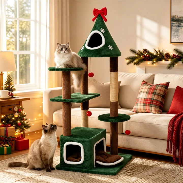 Groene kattenboom in kerststijl met belletjes
