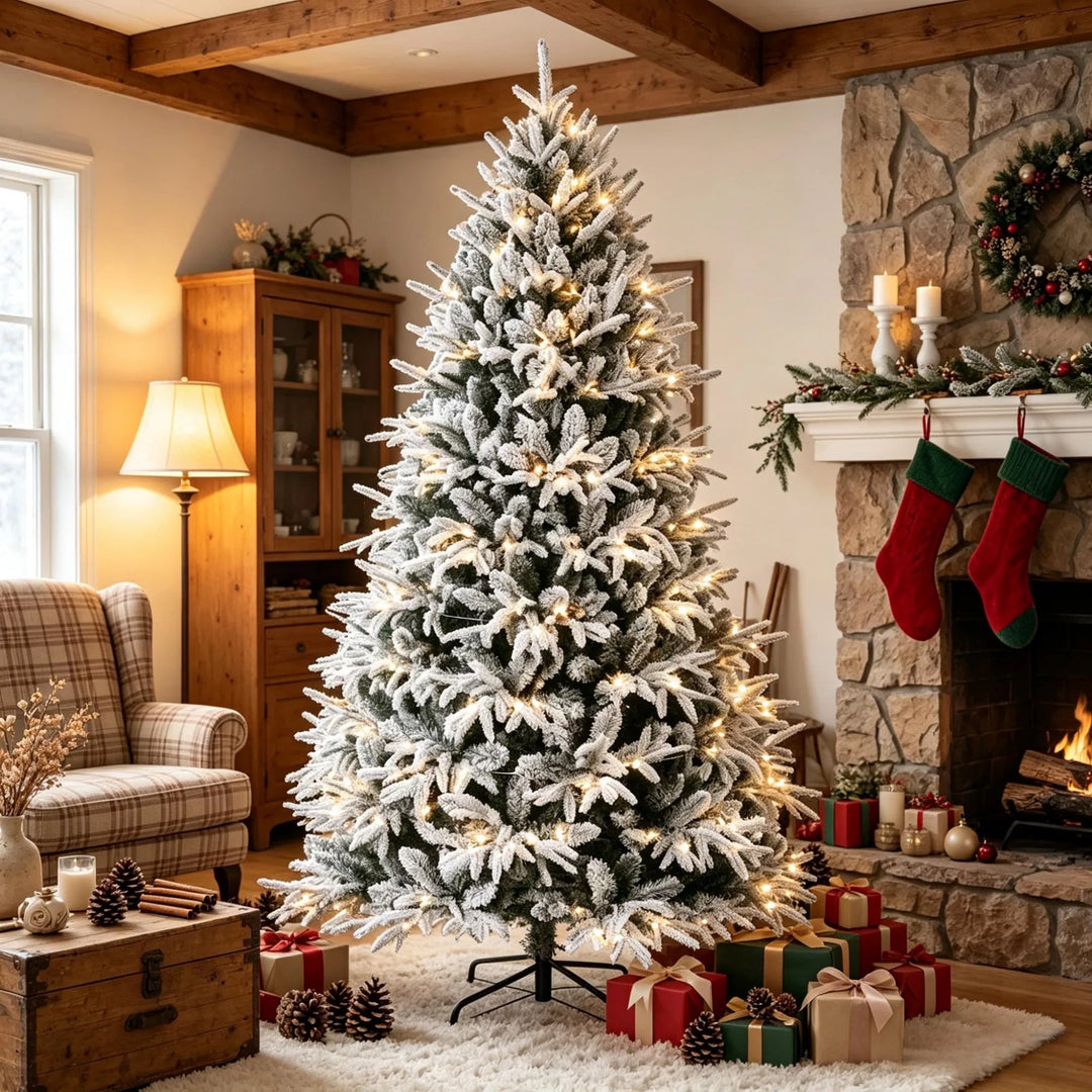 Volle besneeuwde kerstboom met warm licht