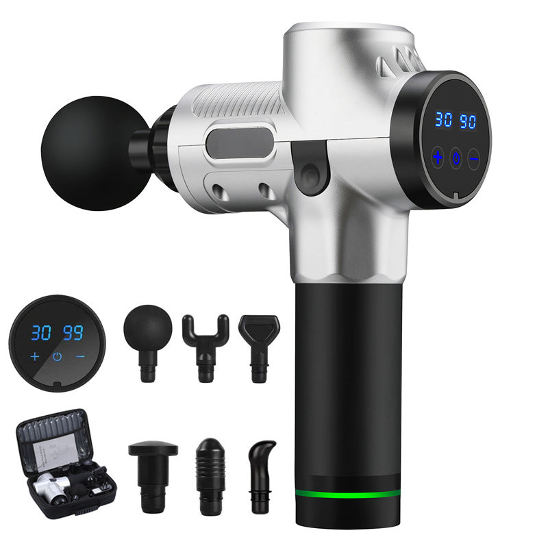 Zwarte massage gun met opzetstukken en koffer