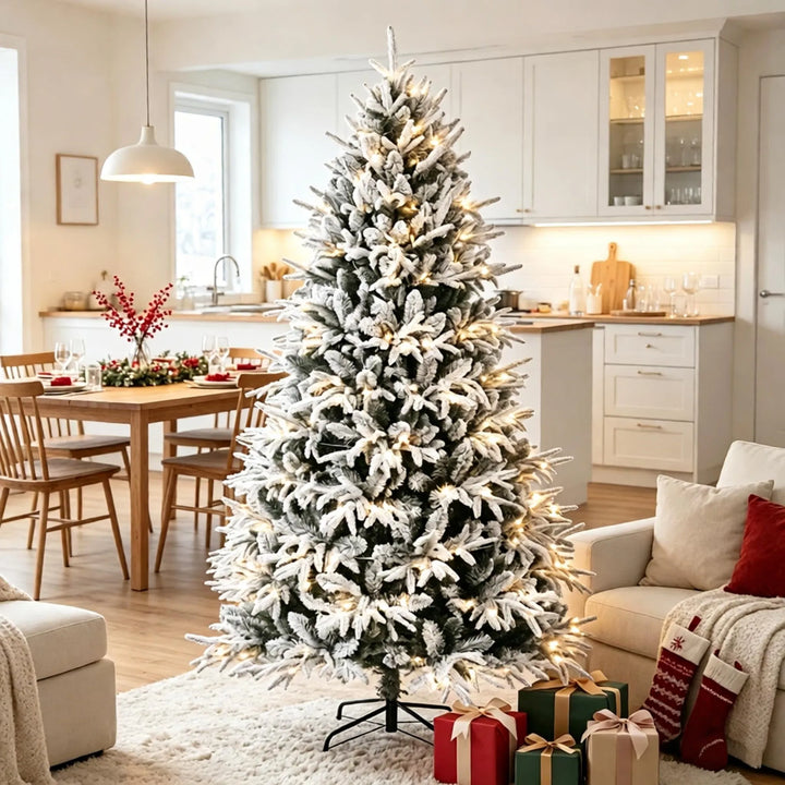 Volle besneeuwde kerstboom met warm licht