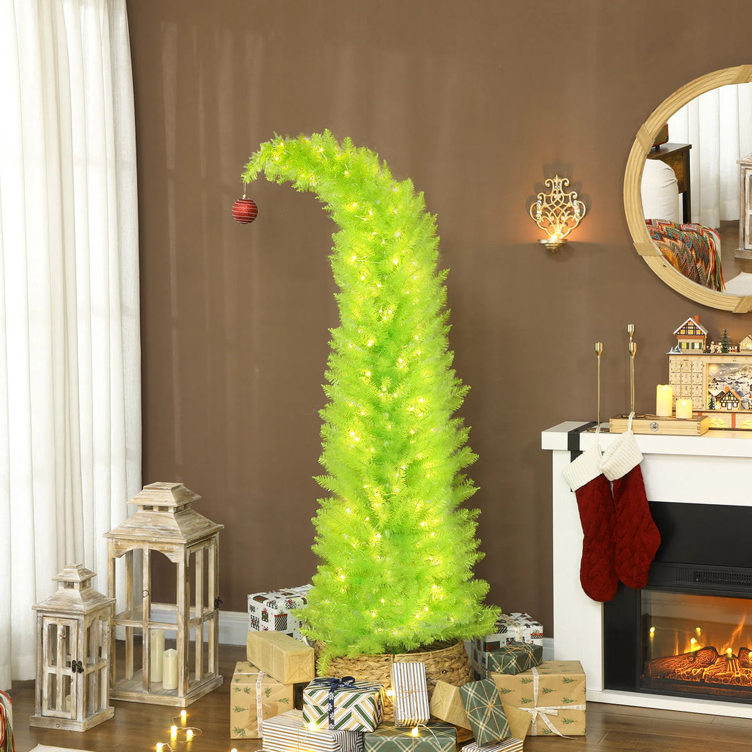 Limoengroene kerstboom met gebogen top en rode bal