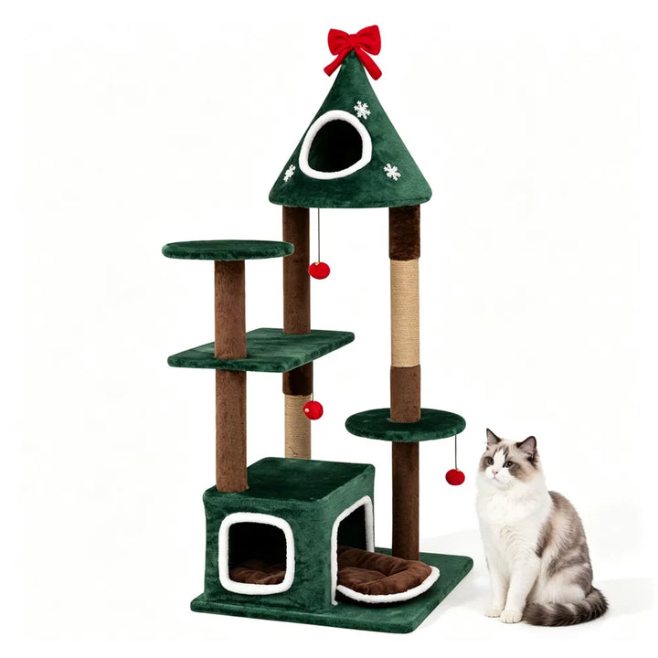 Groene kattenboom in kerststijl met belletjes