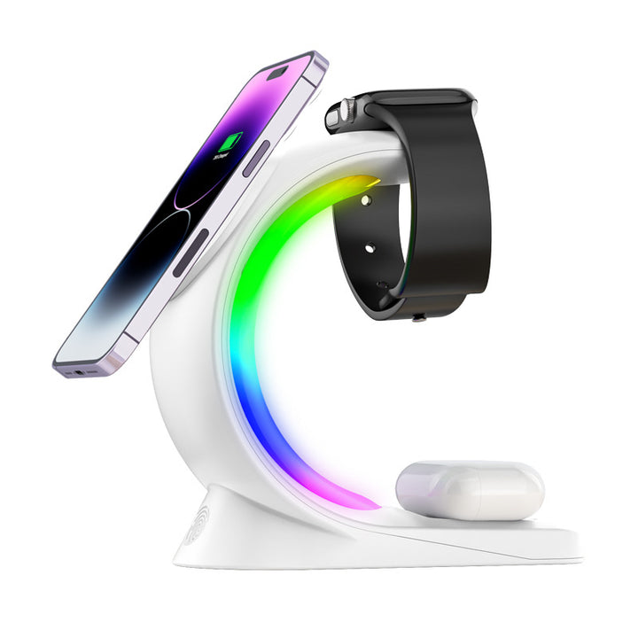 Zwart oplaadstation met RGB-licht en telefoon