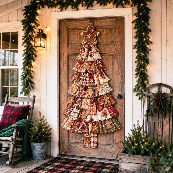 Kerstboom deurhanger met patchworkprint