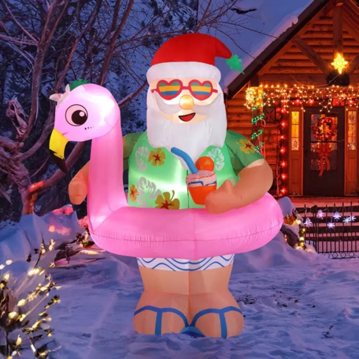 Warmteparadijs Opblaasbare kerstman in Hawaïshirt op flamingo
