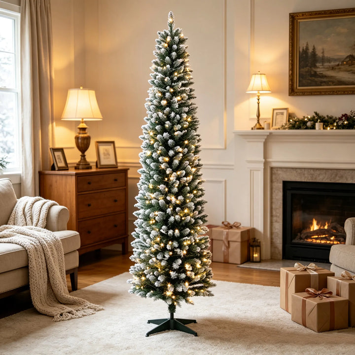Smalle kerstboom met witte puntjes en lichtjes