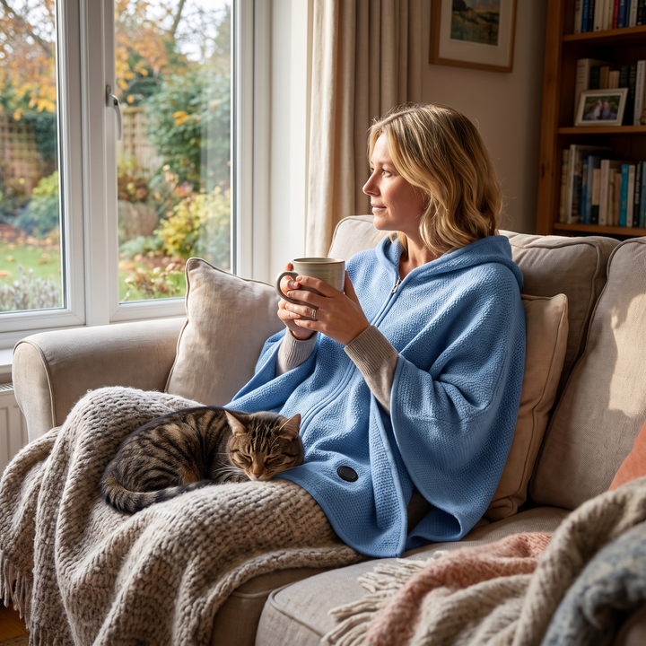 Warmteparadijs™ Verwarmde omslagdoek met capuchon en rits, warm in 15 tellen