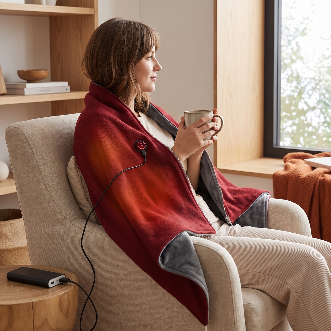 Warmteparadijs™ Verwarmde katoenen omslagdoek met 8 zones en rits